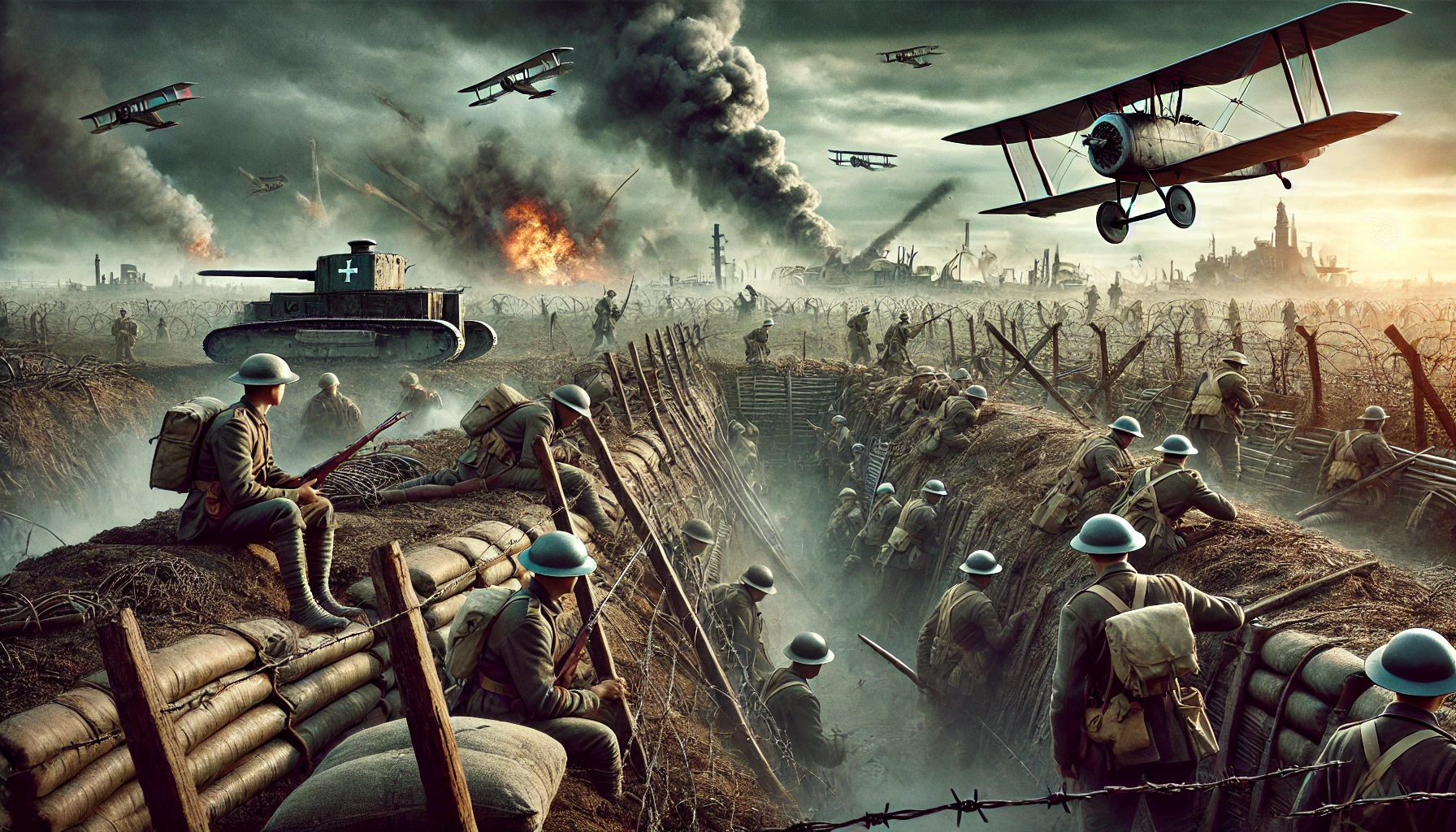 DALL·E 2024 12 20 00.39.25 A dramatic depiction of World War I, featuring a battlefield with soldiers in trenches, barbed wire, and smoke filled skies. Tanks, biplanes, and expl