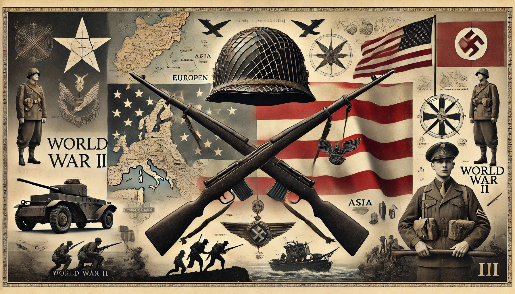 DALL·E 2024 12 19 23.56.58 A striking feature image for a blog post about World War II. The design includes a symbolic collage of elements like a vintage map of Europe and Asia,