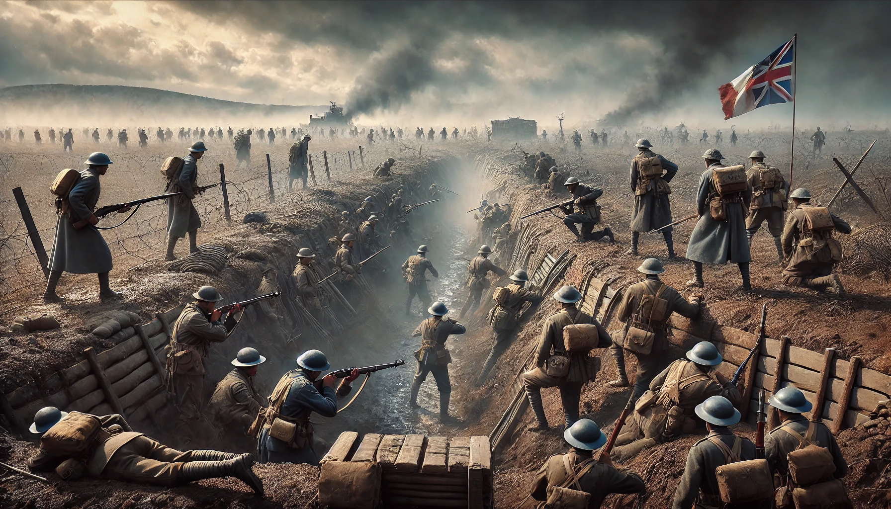 DALL·E 2025 01 02 17.21.41 A dramatic depiction of the 1st Battle of the Marne during World War I. The scene features French and British soldiers in trenches with rifles, facing