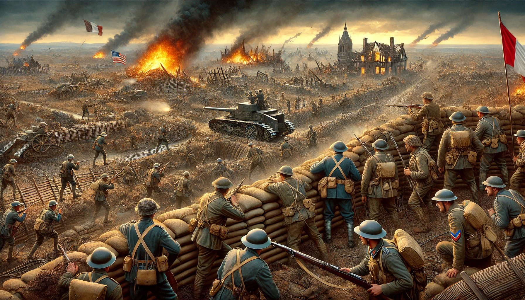 DALL·E 2025 01 02 17.32.53 A vivid depiction of the 2nd Battle of the Marne during World War I. The scene features Allied troops, including French and American soldiers, in defe