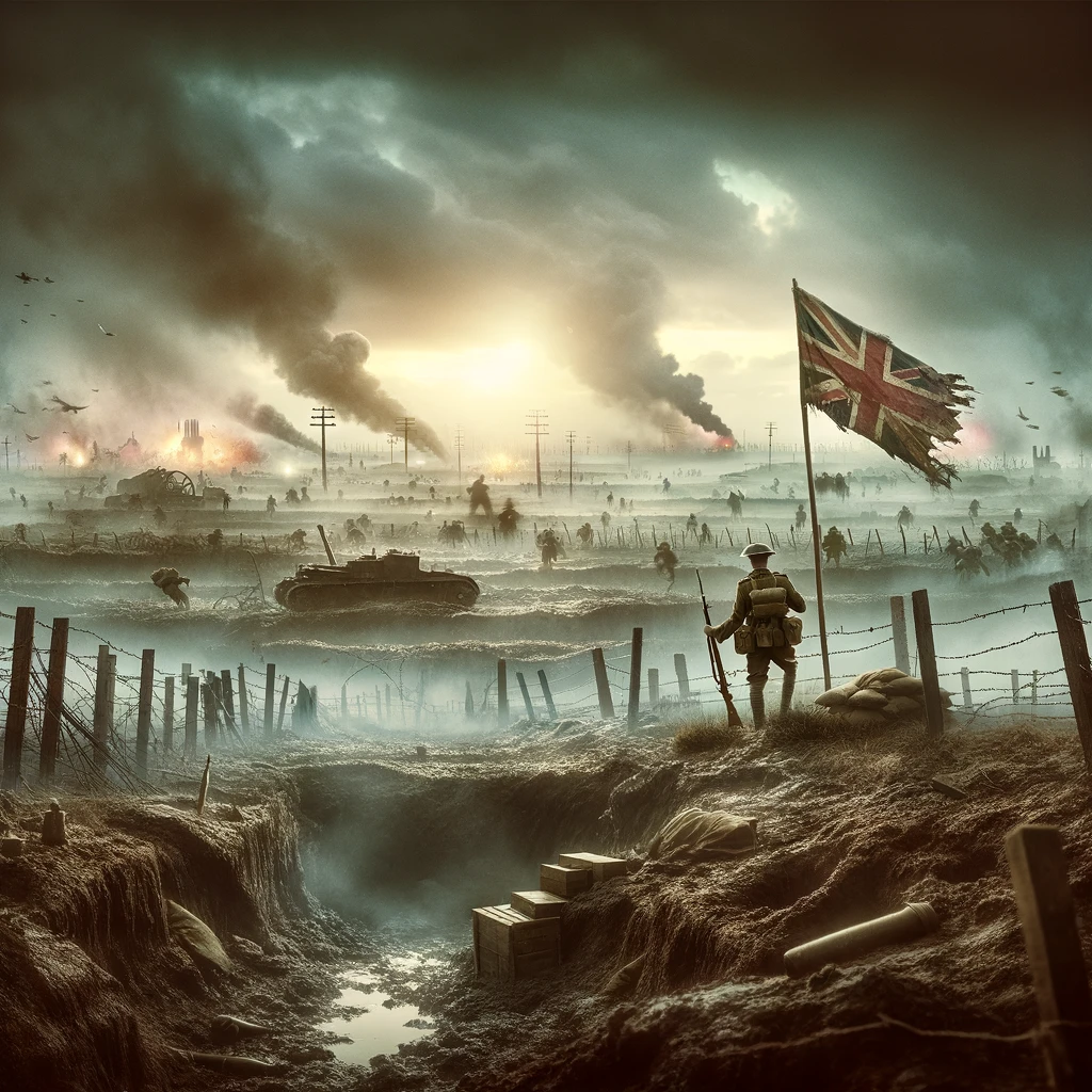 DALL·E 2025 01 03 01.01.13 A dramatic and atmospheric illustration of the Battle of the Somme during World War I. The scene features a desolate battlefield with trenches, barbed