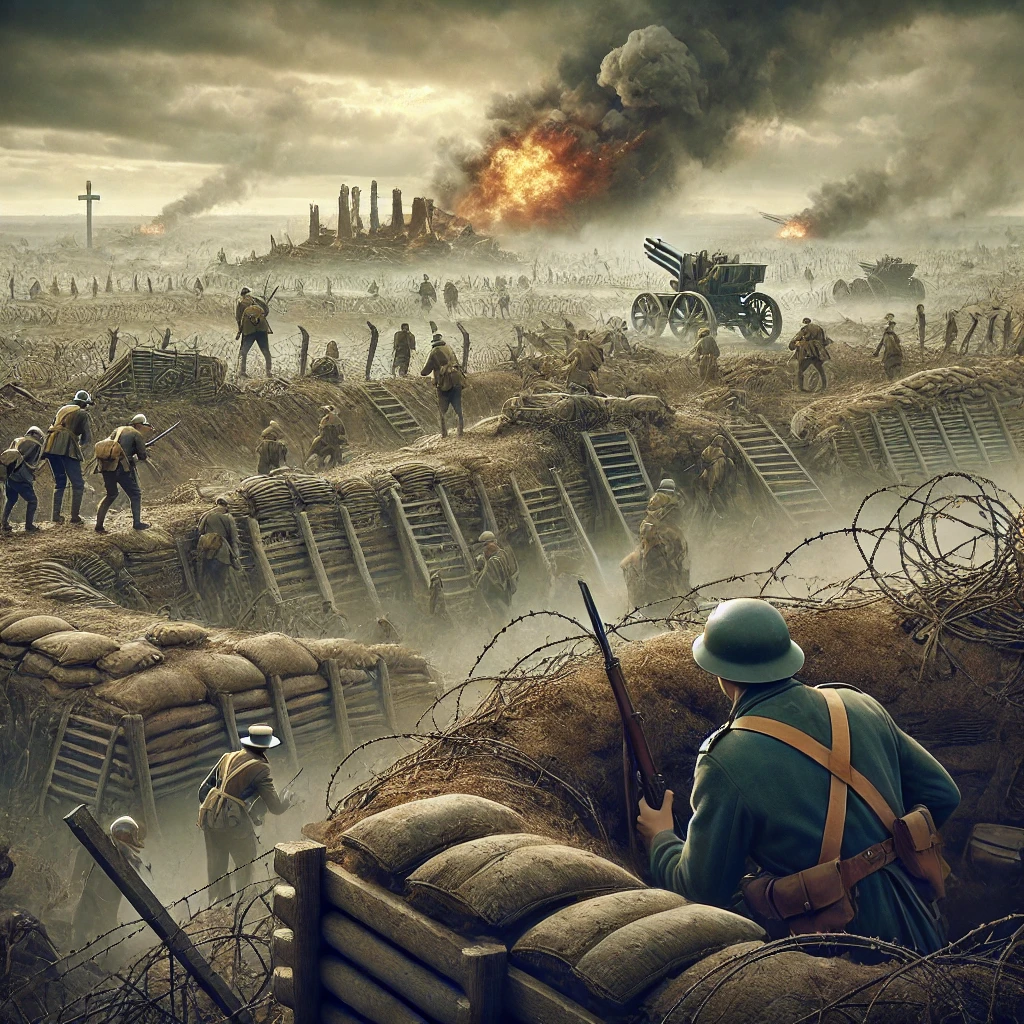 DALL·E 2025 01 03 01.34.27 A dramatic and historical depiction of the Battle of Verdun during World War I. The image shows a battlefield filled with trenches, barbed wire, and m