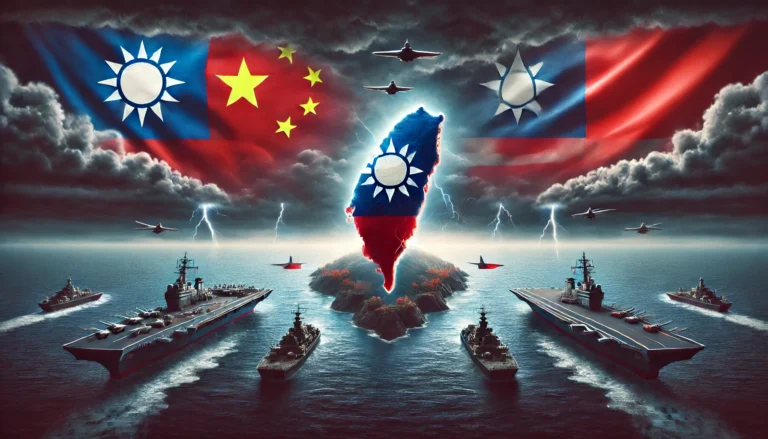 DALL·E 2024 12 25 19.06.45 A symbolic representation of the China Taiwan conflict, showing a divided island with the Taiwan flag on one side and the Chinese flag on the other. T