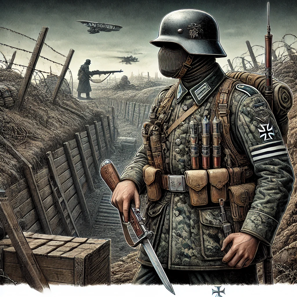 DALL·E 2024 12 20 14.35.04 A detailed illustration of a World War I German Stormtrooper, wearing period accurate uniform and gear including a Stahlhelm helmet, camouflage clothi