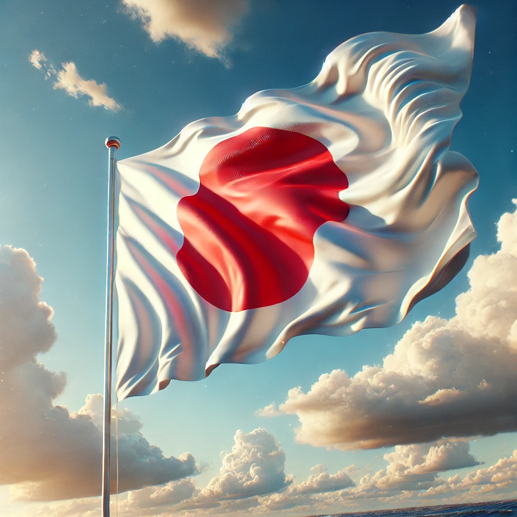 DALL·E 2024 12 21 00.02.20 Japan's national flag waving gracefully in the wind against a clear blue sky, featuring the iconic red circle centered on a white background. The flag