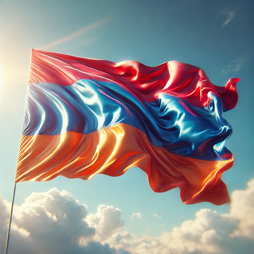 DALL·E 2024 12 21 00.36.41 The Armenian national flag waving gracefully in the wind against a clear blue sky. The flag displays its vibrant tricolor design red on the top, blue