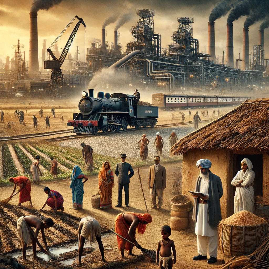 A dramatic portrayal of the economic impact of World War 1 on India. The scene features a rural Indian village juxtaposed with an industrial backdrop